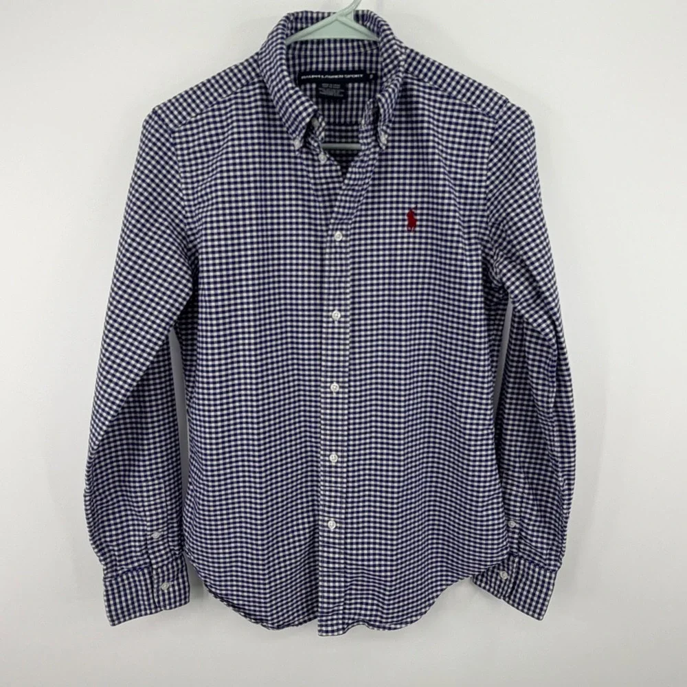 Ralph Lauren Sport Button Down Shirt Kids‎ 8 Blue Gingham Long Sleeve Pony Logo